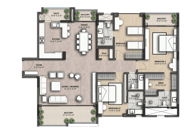 UNIT PLAN - 3 BHK TYPE 1
